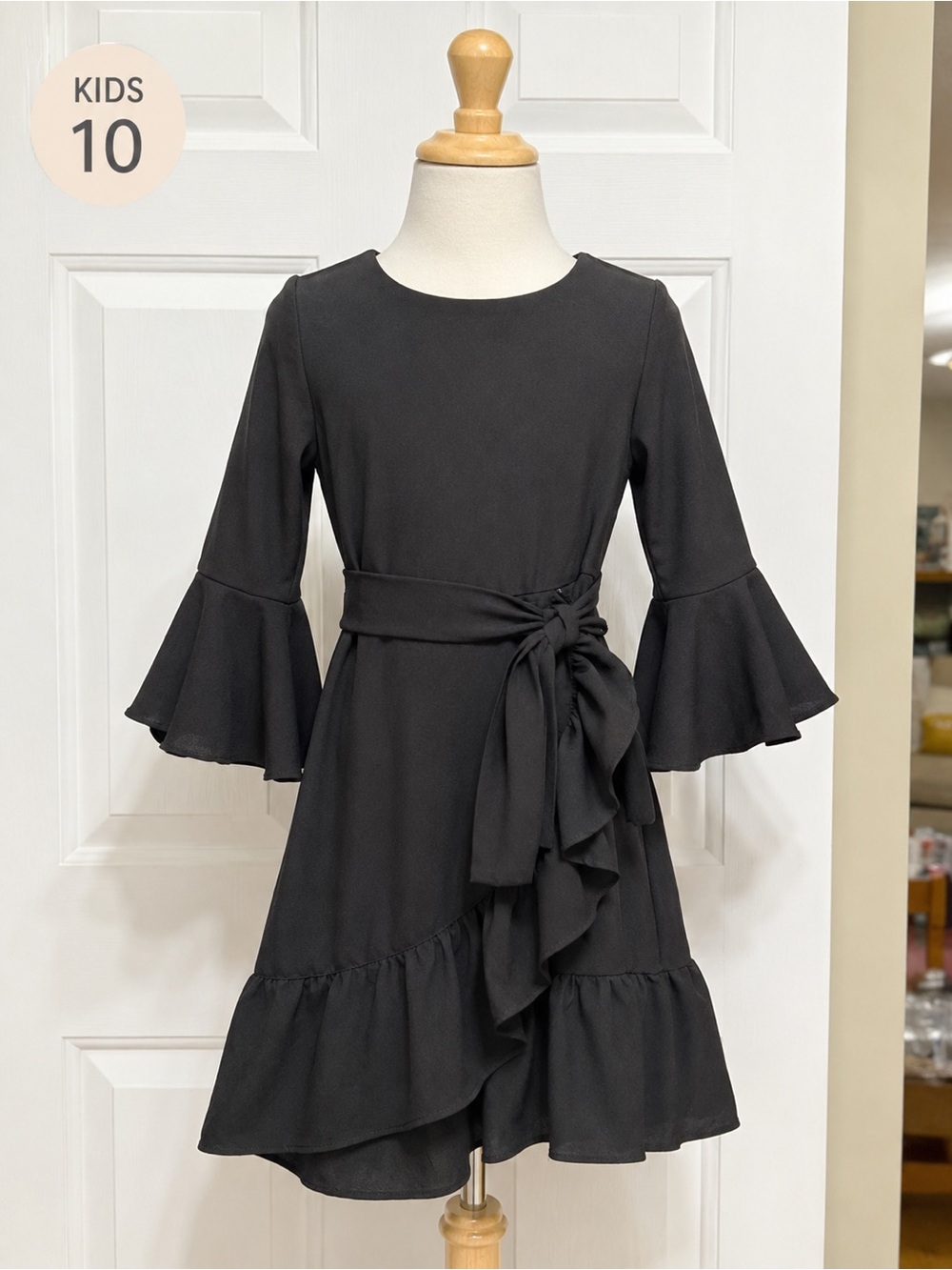 GB Girls Black Ruffle Bell Sleeve Dress Girls Size 10 Tie Waist